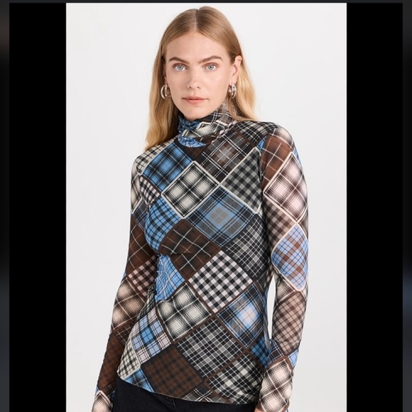 Ganni Plaid Print Rollneck Turtleneck Mesh Blouse - Picture 5 of 8